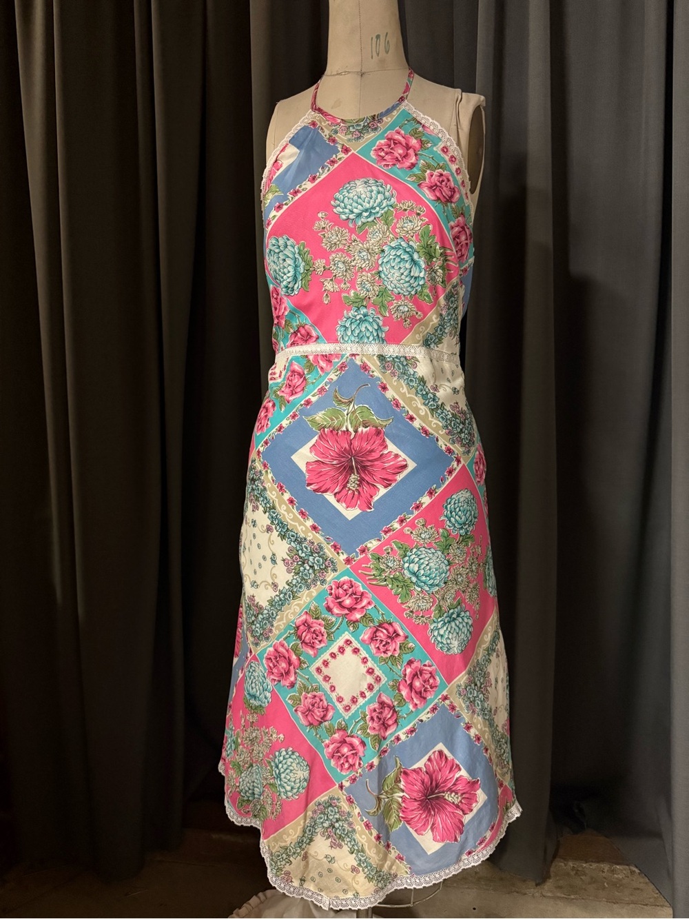 Vintage BCBG Floral Halter Boho Midi Dress in Pink, Blue and Cream